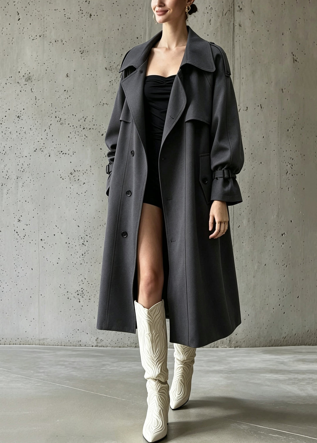 Fashion Grey Pockets Button Solid Maxi Trench Coats Fall