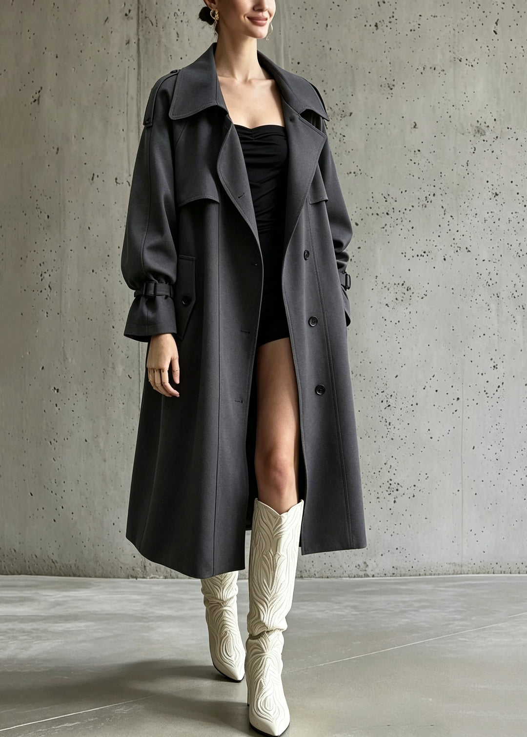 Fashion Grey Pockets Button Solid Maxi Trench Coats Fall