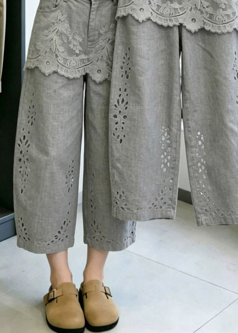 Fashion Grey Pockets Lace Patchwork Hollow Out Crop Pants