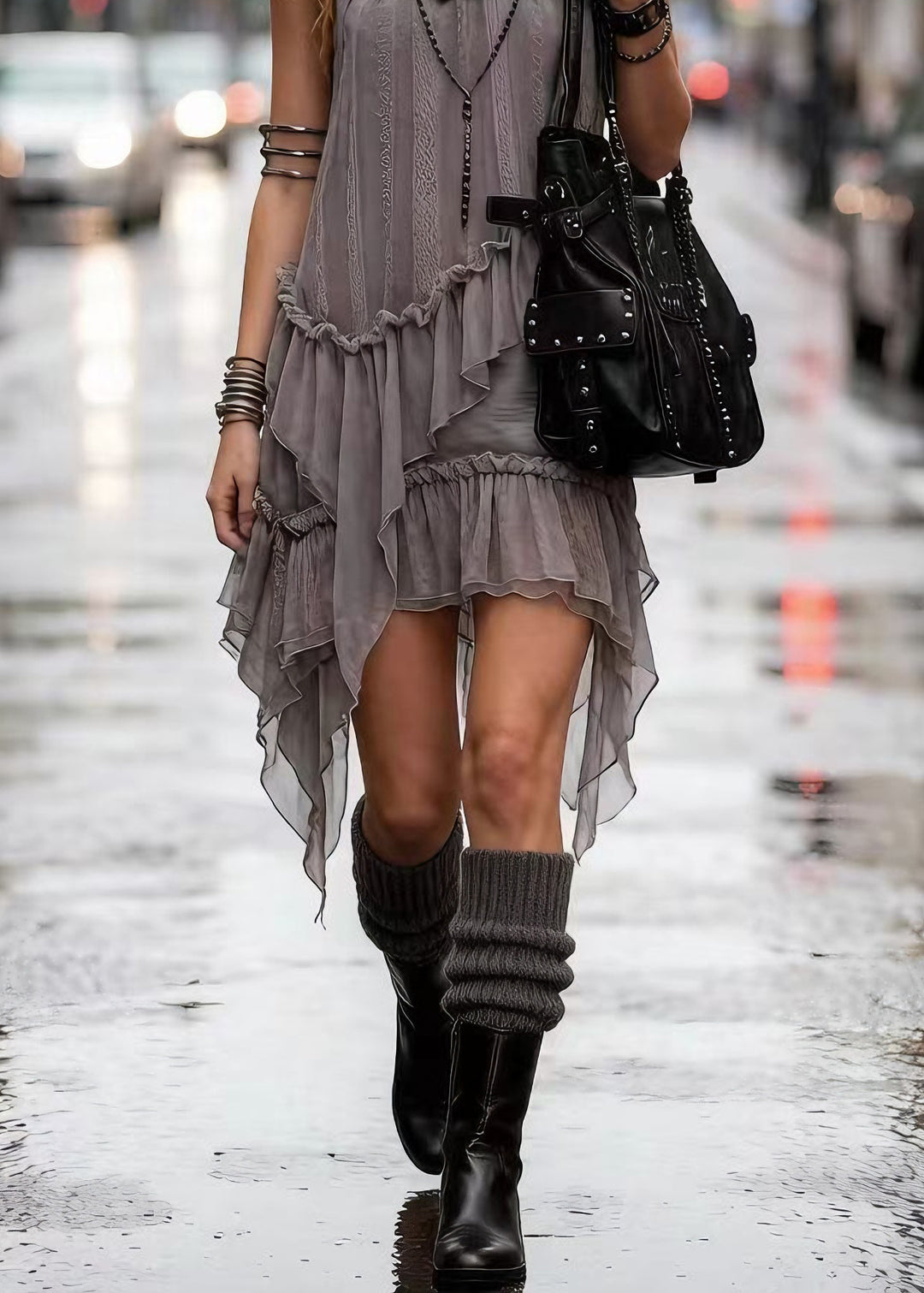 Fashion Grey Ruffled Asymmetrical Patchwork Tulle Dress Sleeveless