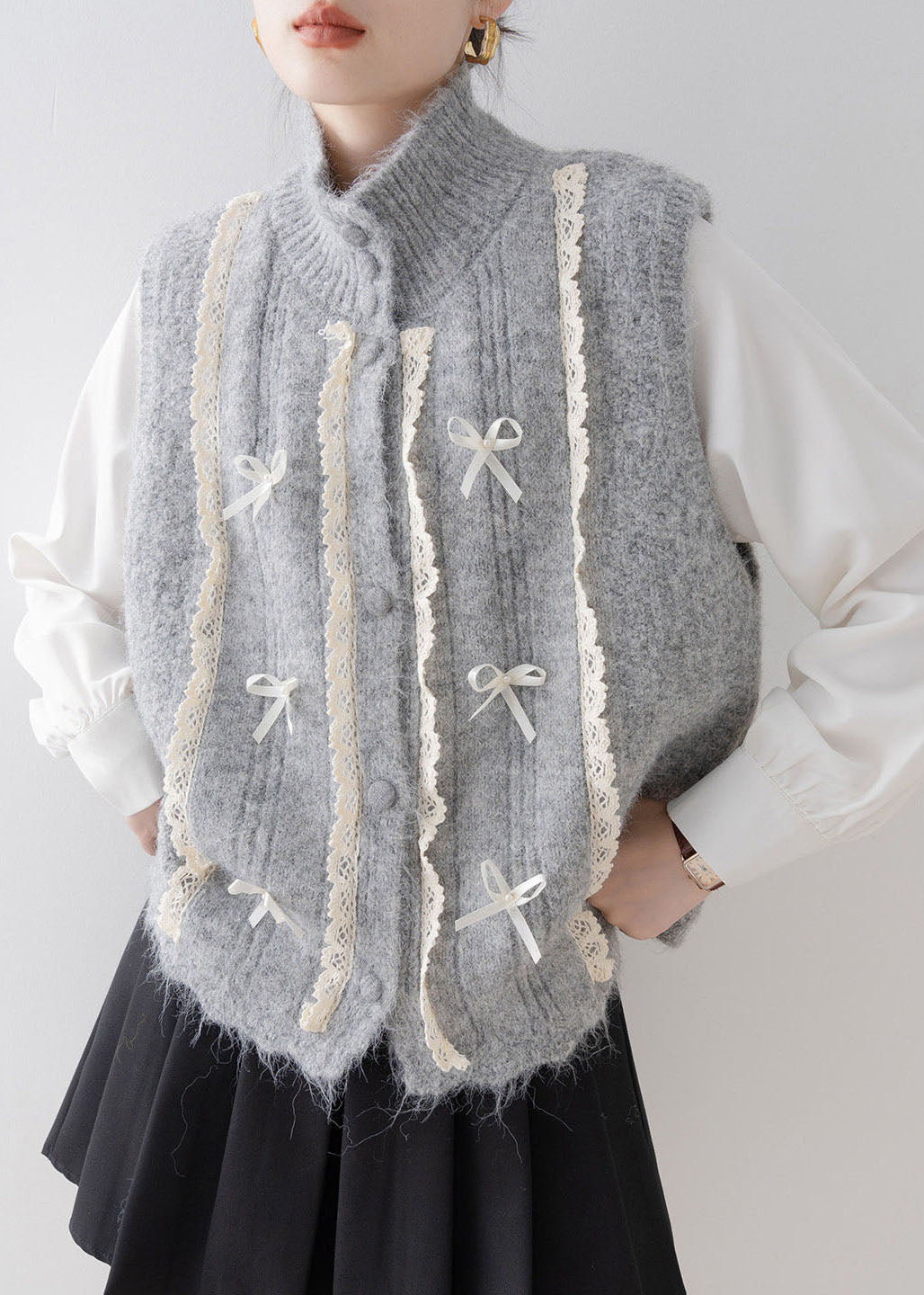 Fashion Grey Stand Collar Lace Patchwork Knit Vest Sleeveless