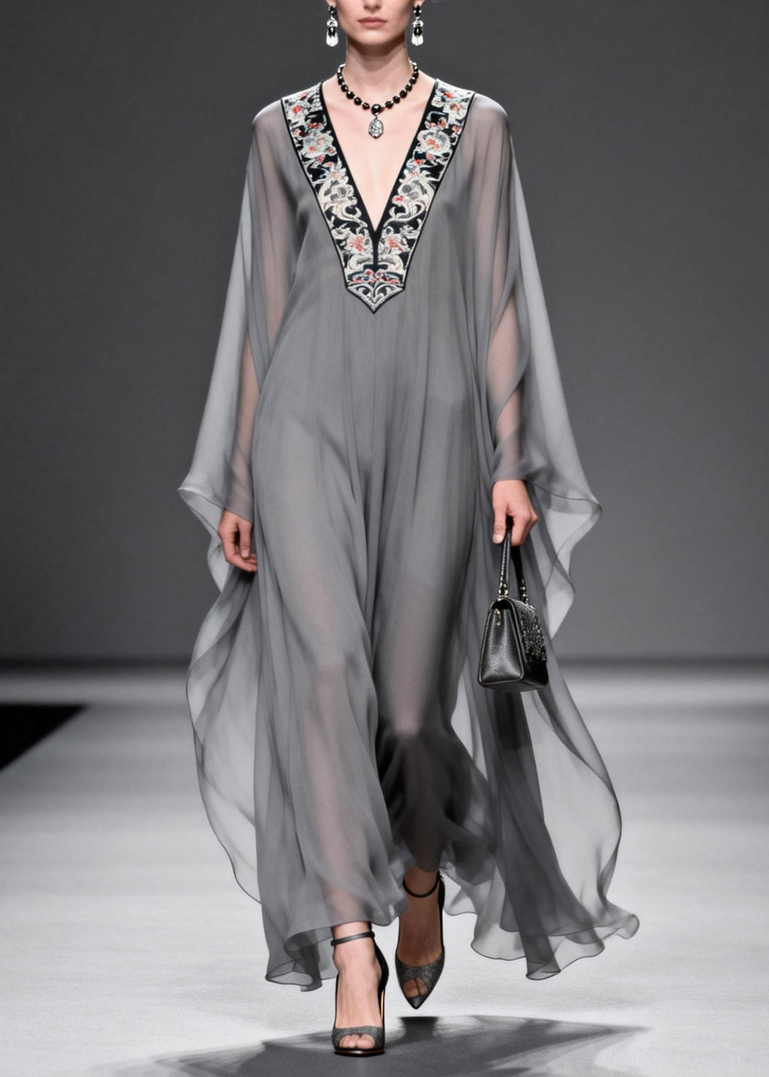 Fashion Grey V Neck Print Patchwork Chiffon Maxi Dresses Spring