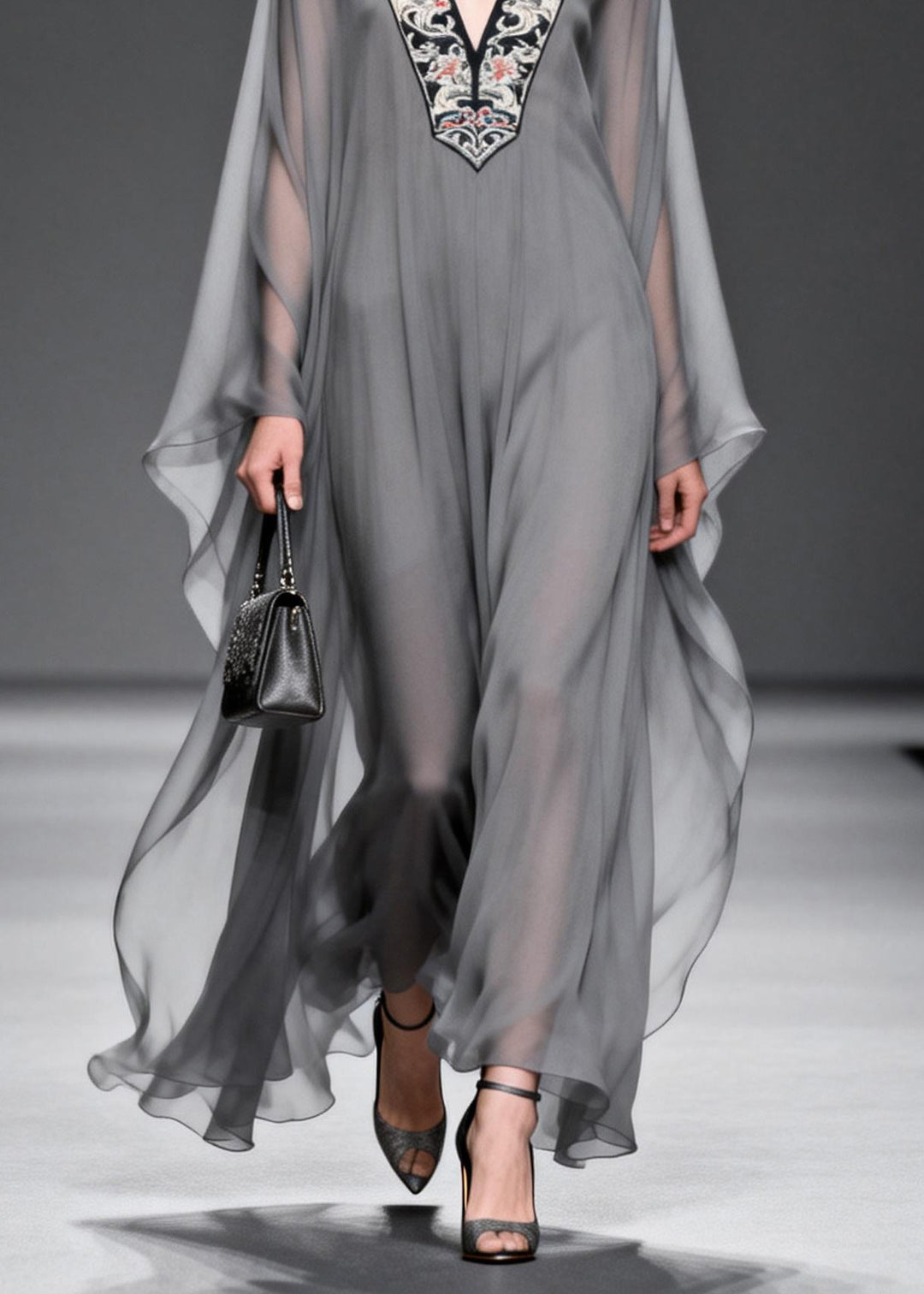 Fashion Grey V Neck Print Patchwork Chiffon Maxi Dresses Spring