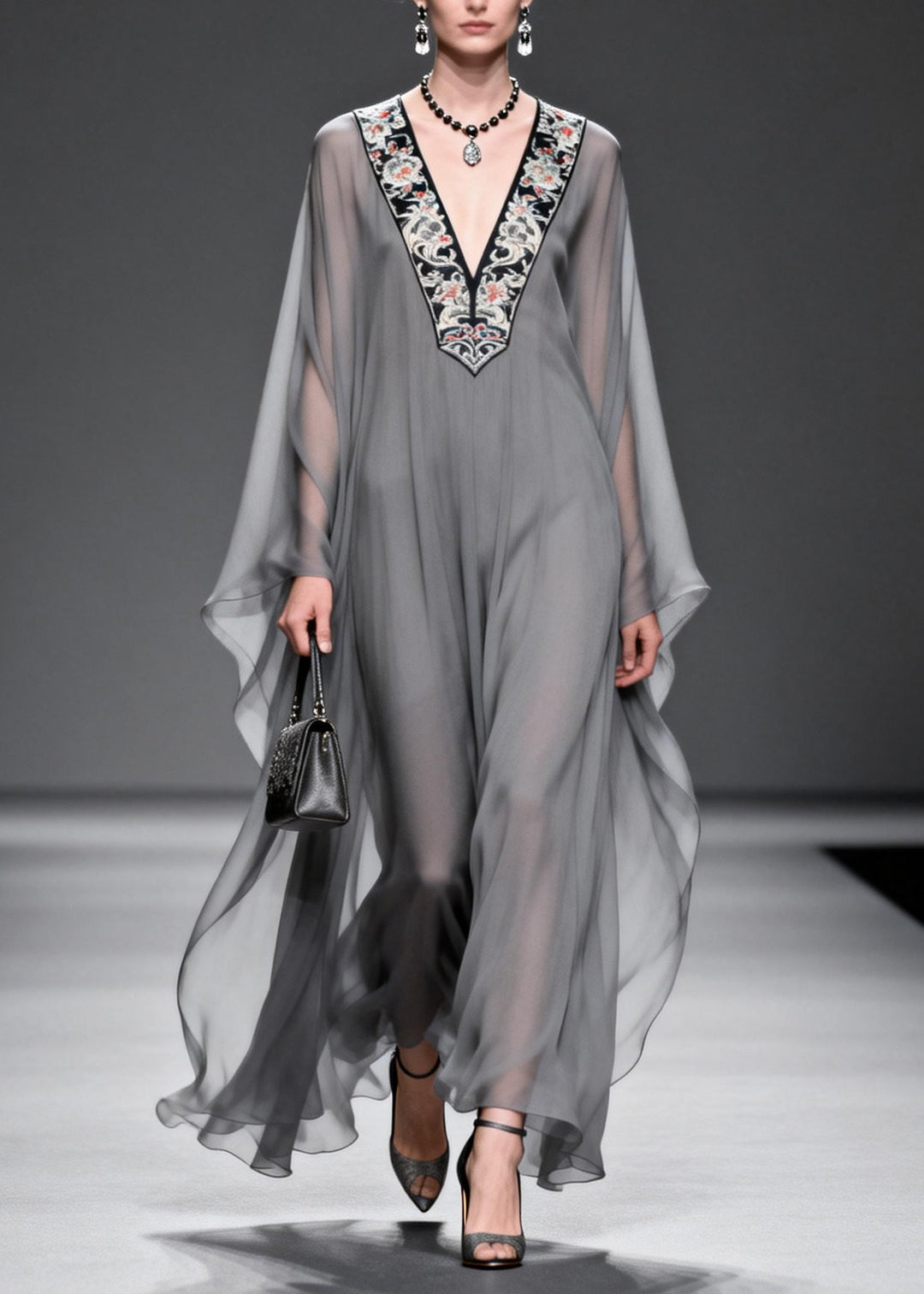Fashion Grey V Neck Print Patchwork Chiffon Maxi Dresses Spring