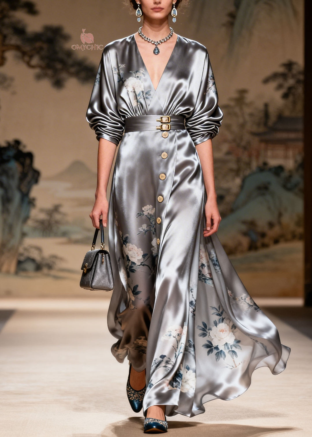 Fashion Grey V Neck Print Patchwork Silk Two Piece Set Summer