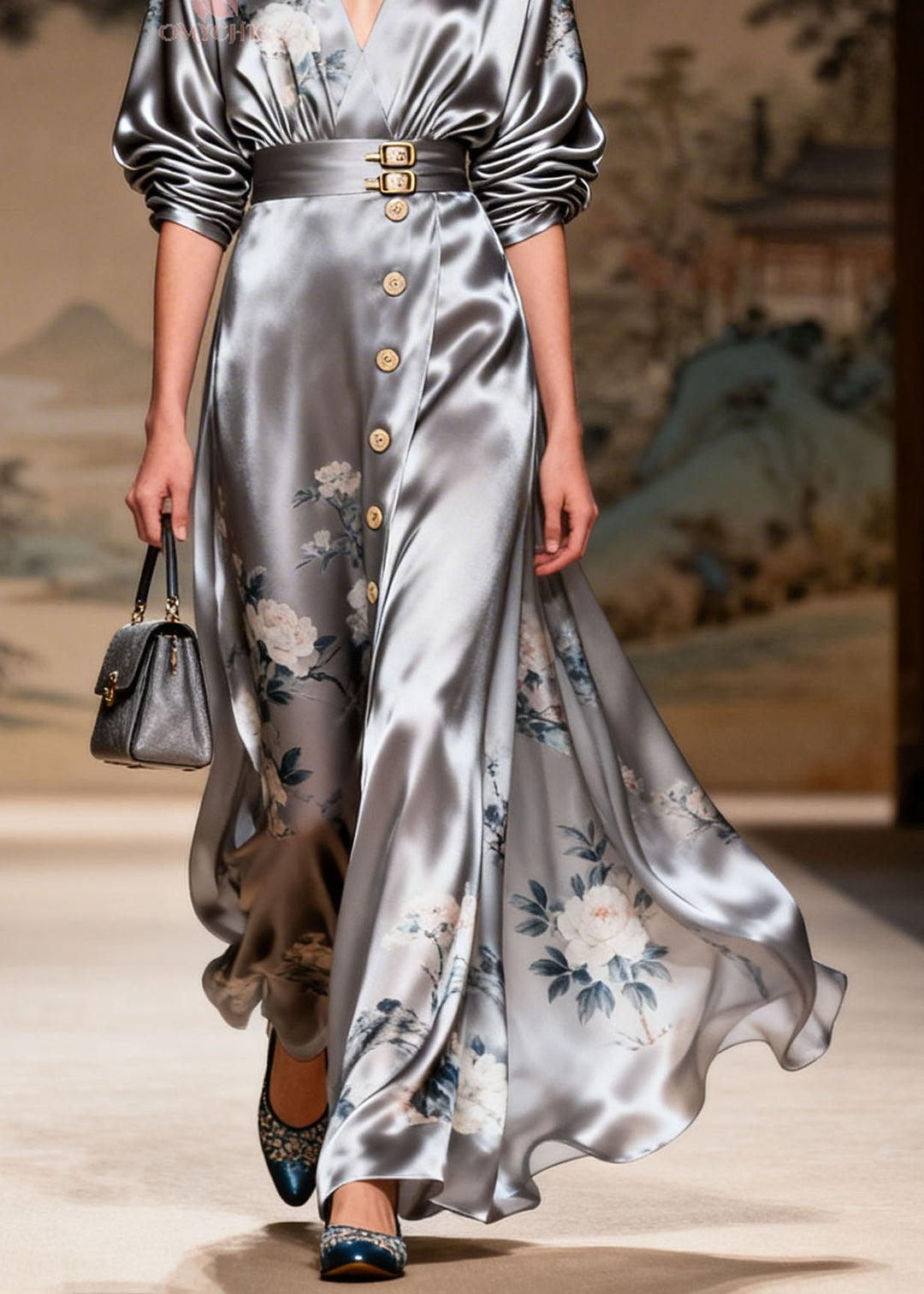Fashion Grey V Neck Print Patchwork Silk Two Piece Set Summer
