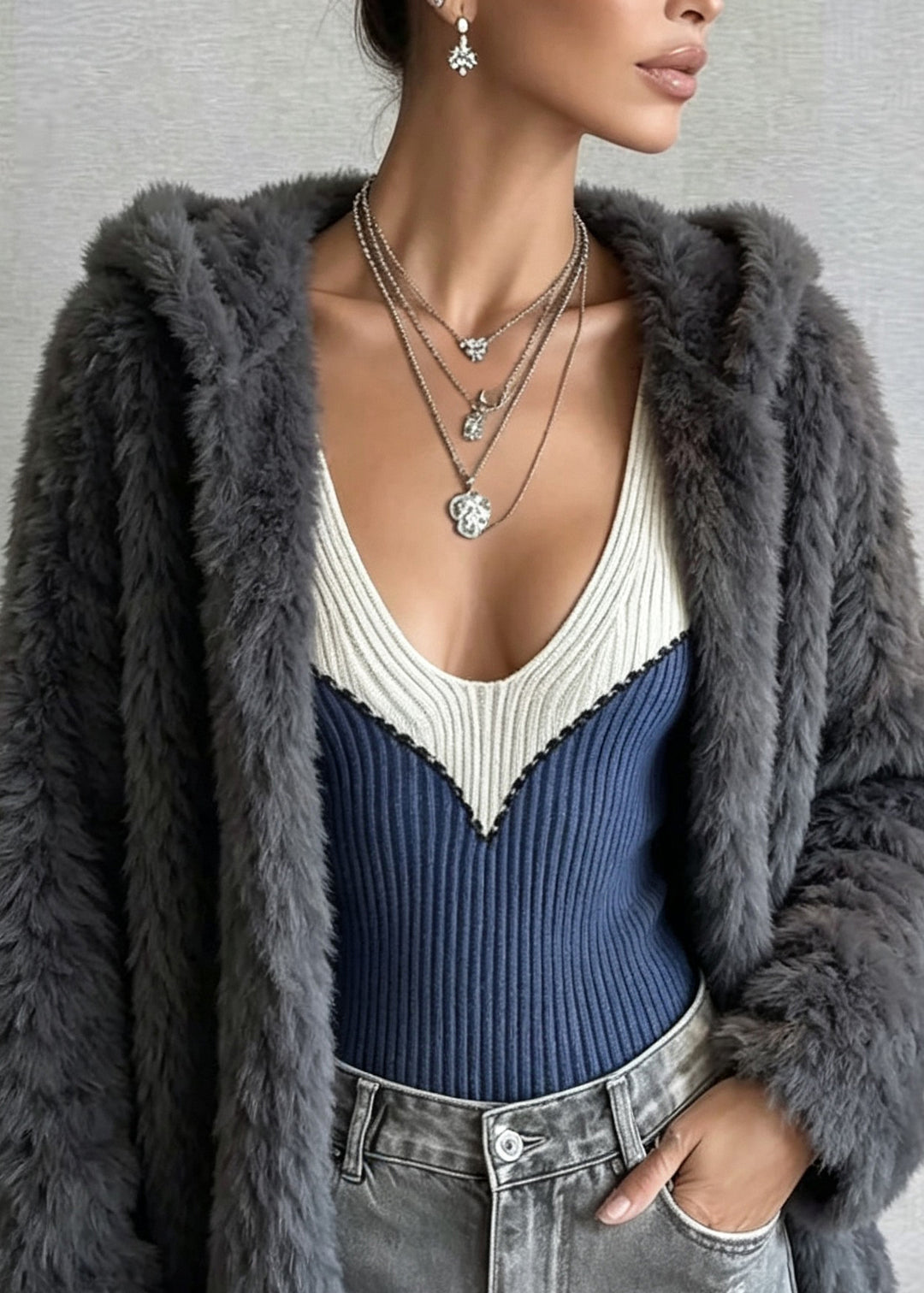 Fashion Grey Warm Thick Cozy Faux Fur Hoodies Coats Winter