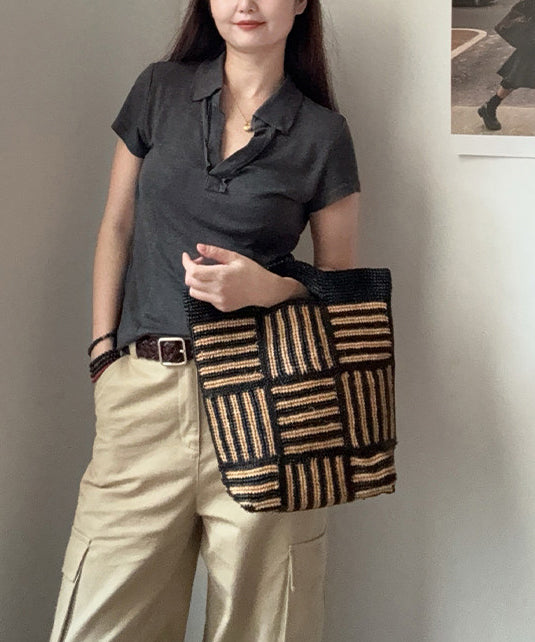 Fashion Hand Woven Black Striped Tote Bag