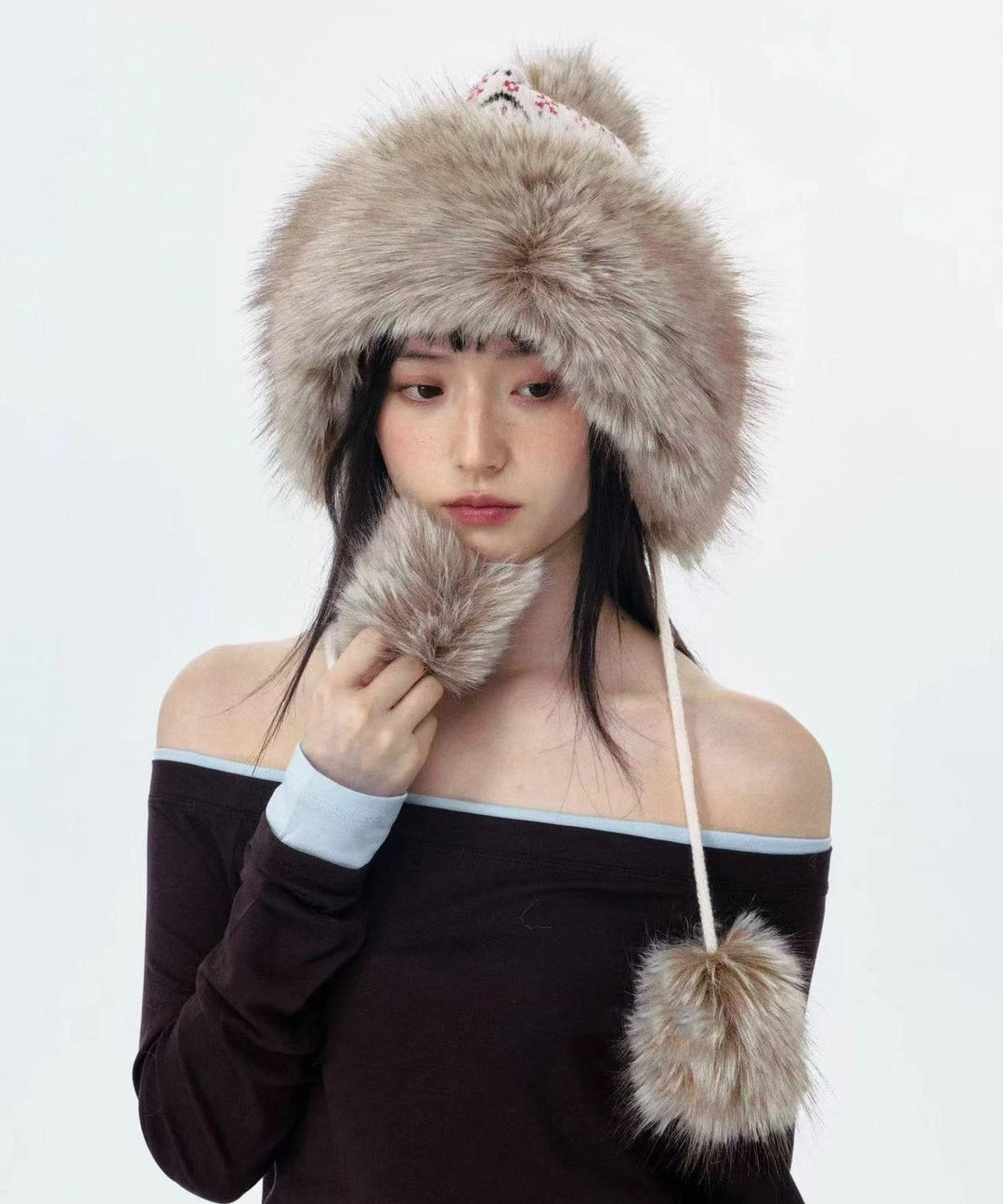 Fashion Jacquard Knitted Thick Warm Fleece Fur Boonie Hat