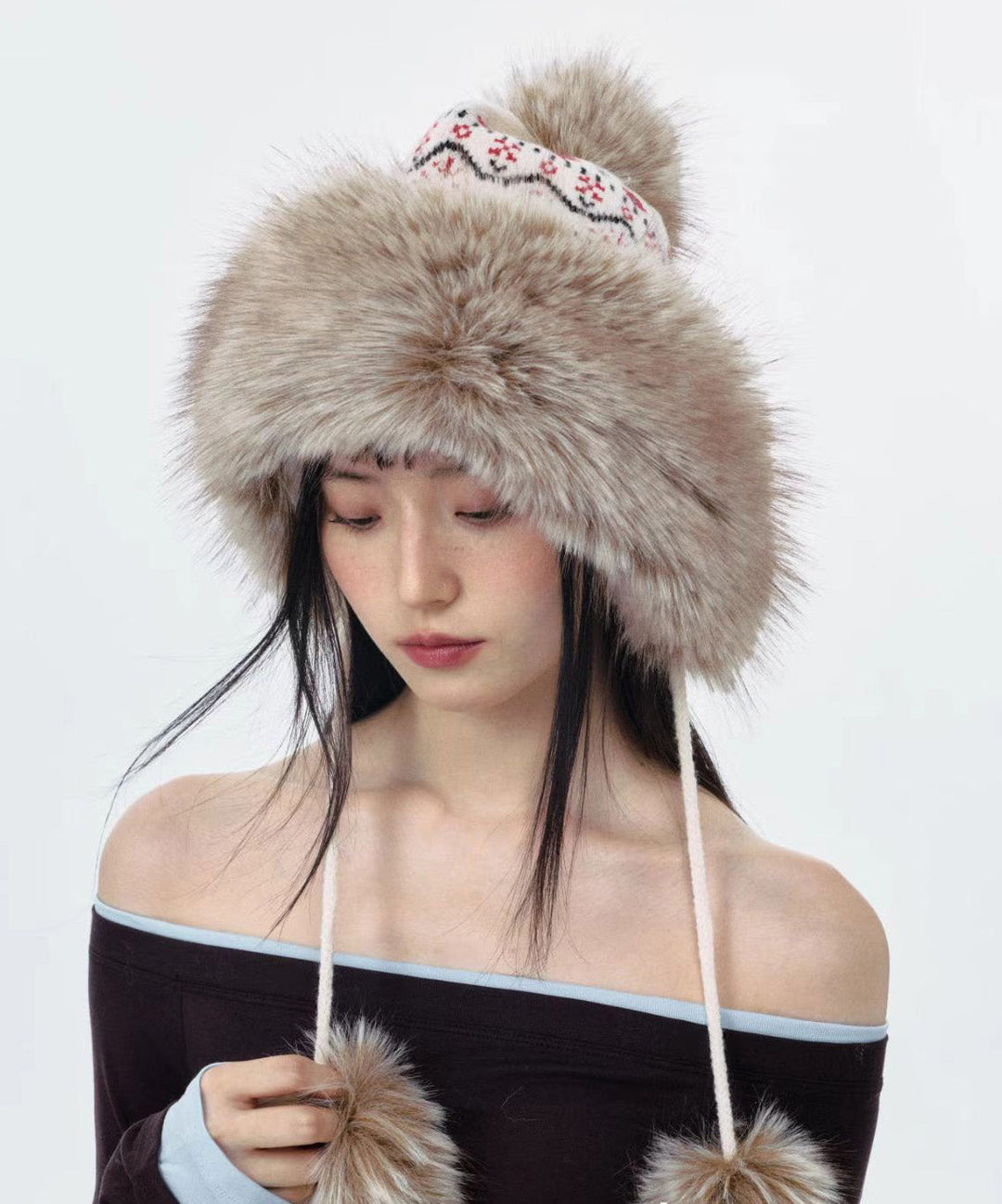 Fashion Jacquard Knitted Thick Warm Fleece Fur Boonie Hat