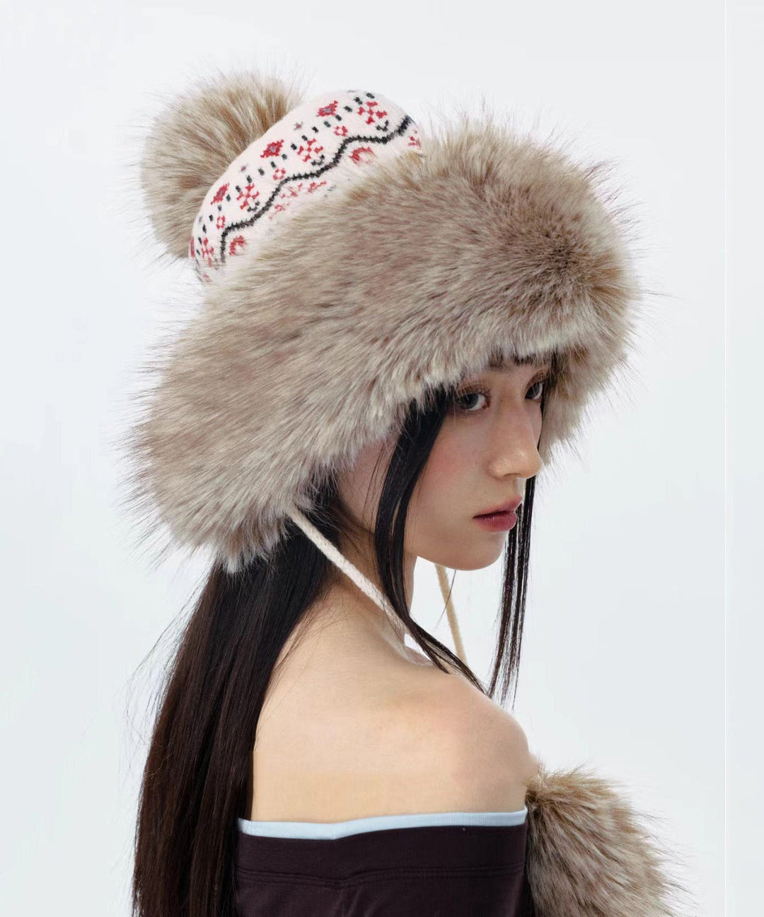 Fashion Jacquard Knitted Thick Warm Fleece Fur Boonie Hat