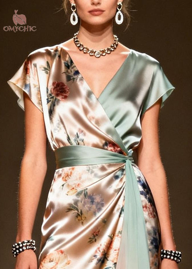 Fashion Khaki Asymmetrical Print Chiffon Maxi Dress Summer