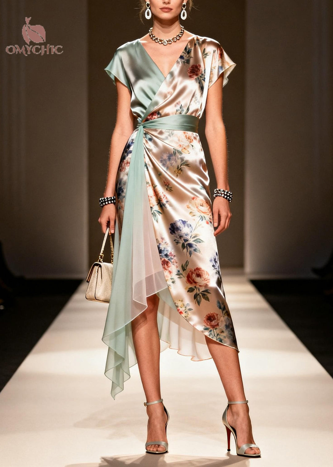 Fashion Khaki Asymmetrical Print Chiffon Maxi Dress Summer