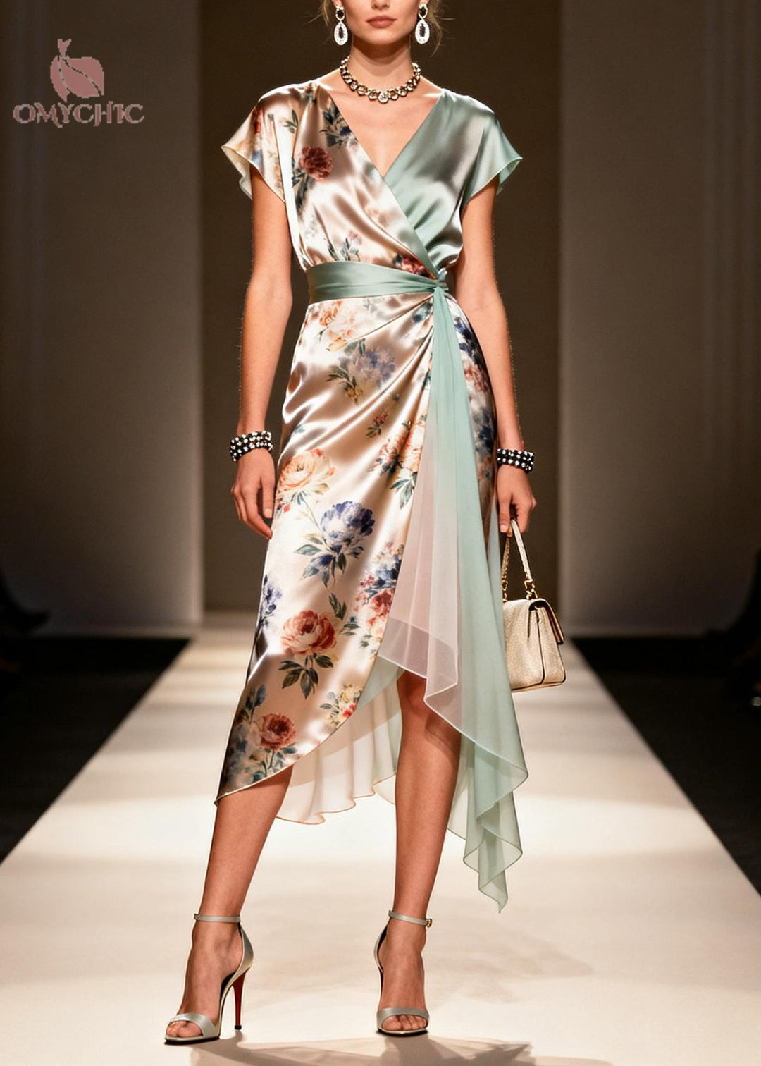 Fashion Khaki Asymmetrical Print Chiffon Maxi Dress Summer