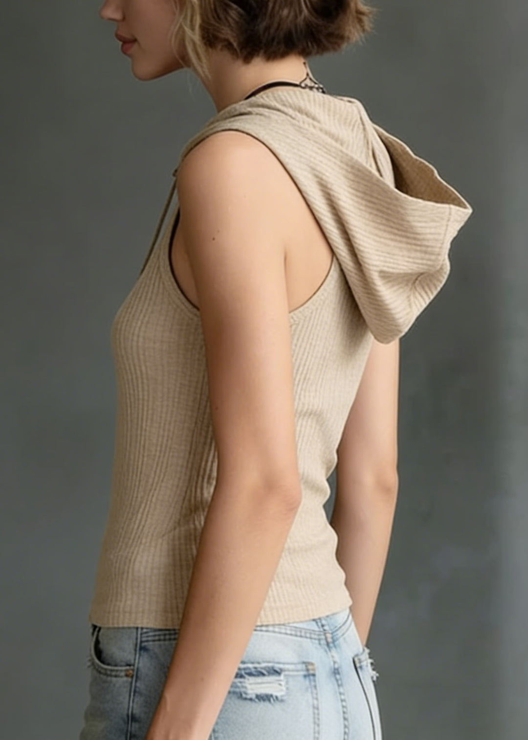 Fashion Khaki Cotton Knit Hooded Blouses Sleeveless