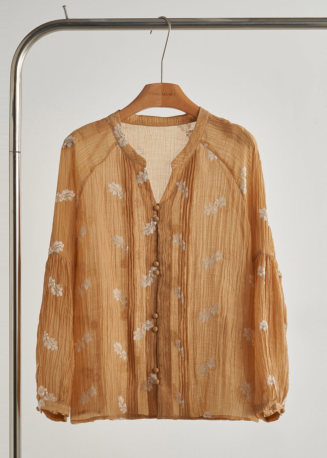 Fashion Khaki Embroidered Wrinkled Cotton Blouses Fall