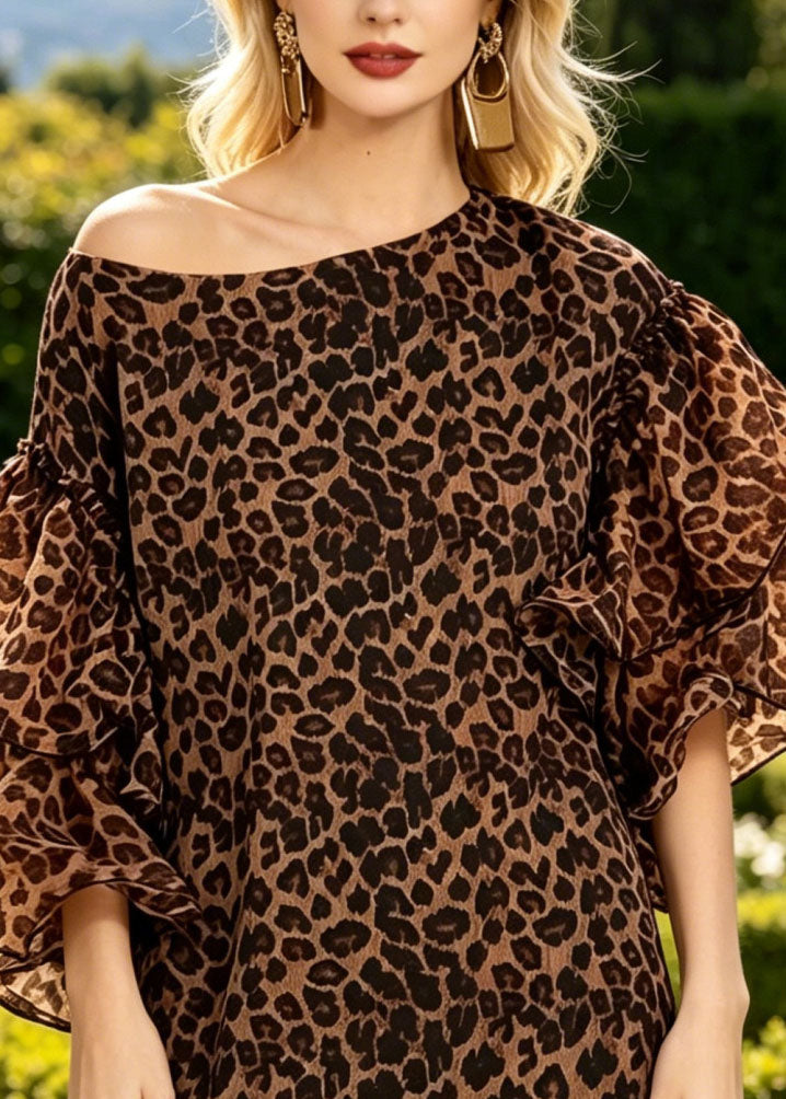 Fashion Khaki Leopard Print Cotton Mid Dress Butterfly Sleeve