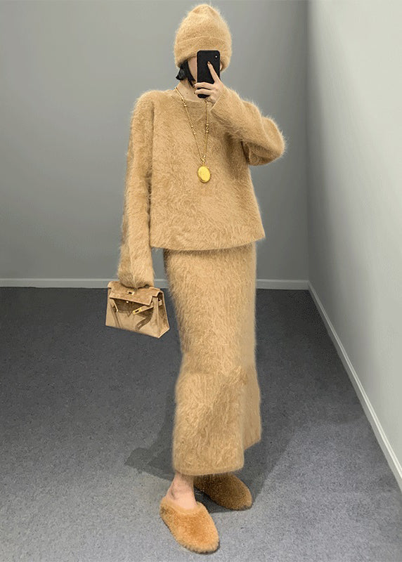 Fashion Khaki O Neck Woolen Two Piece Set Outfits Winter