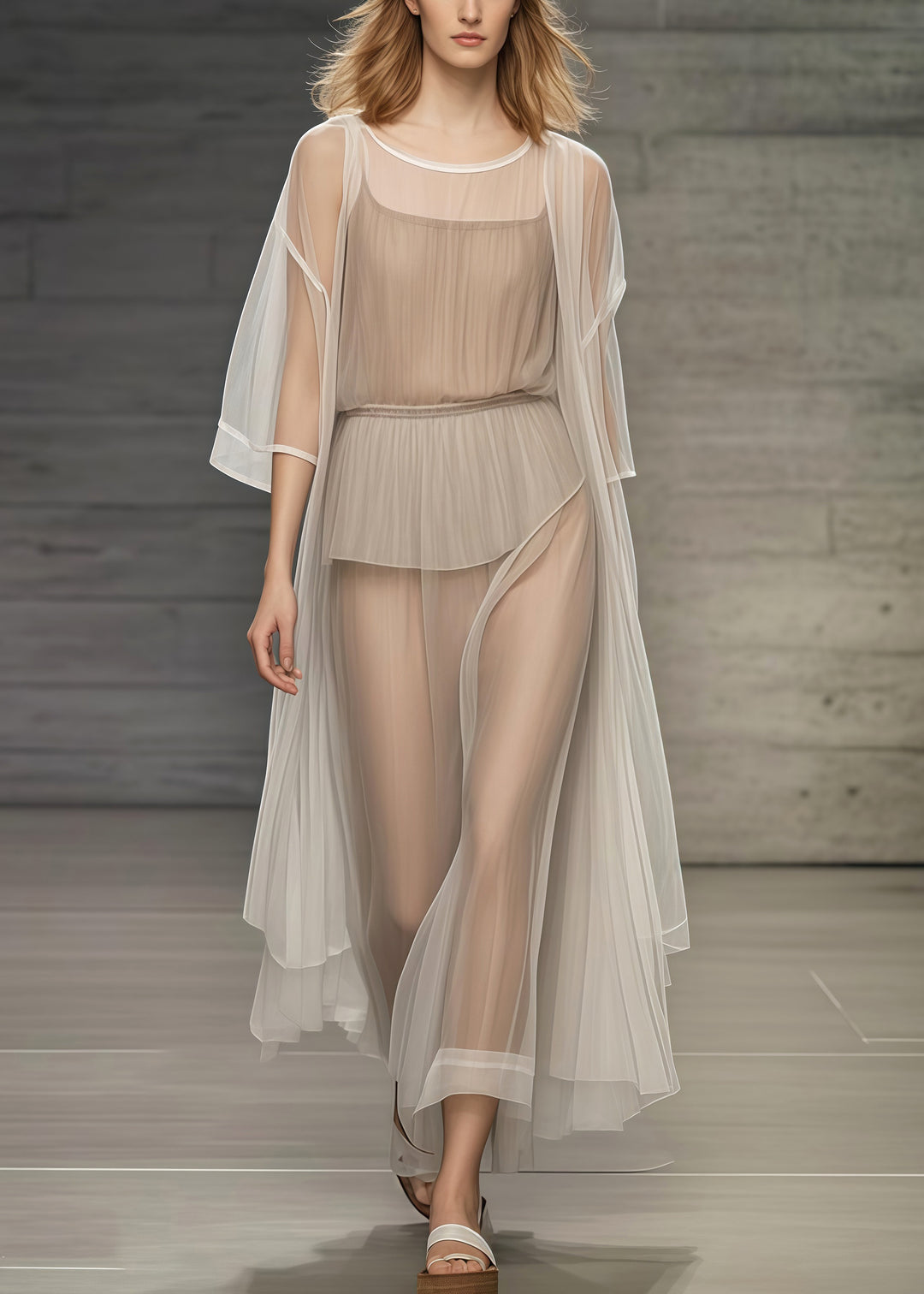 Fashion Khaki Oversized Sheer Tulle Beach Two Pieces Set Summer