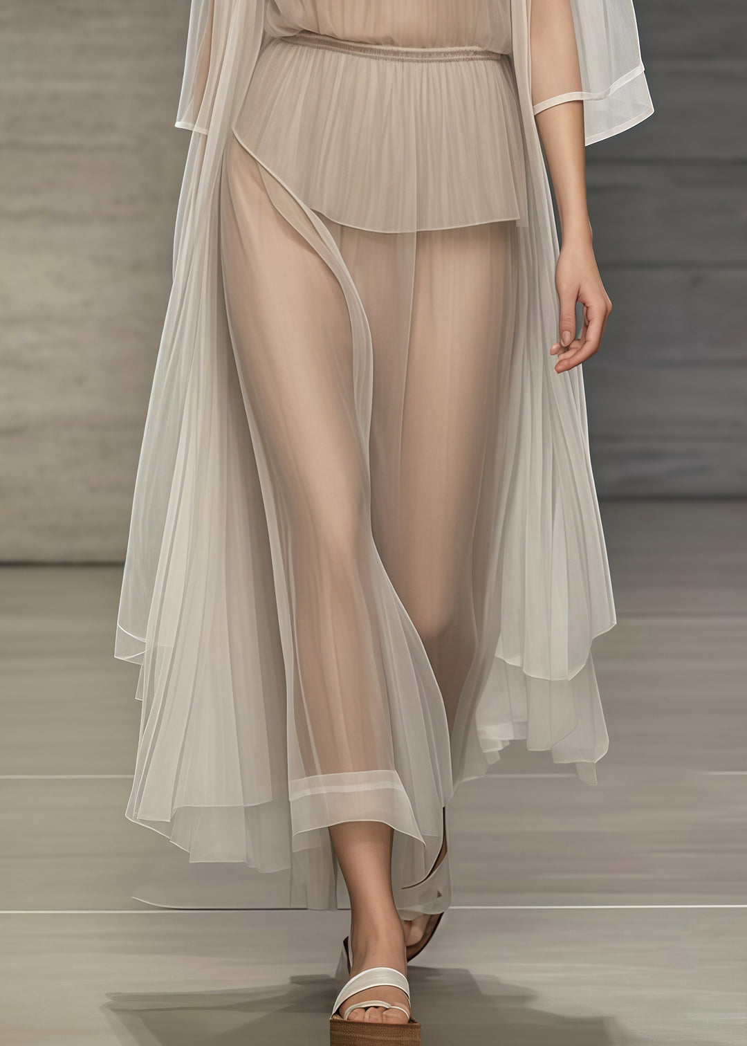 Fashion Khaki Oversized Sheer Tulle Beach Two Pieces Set Summer
