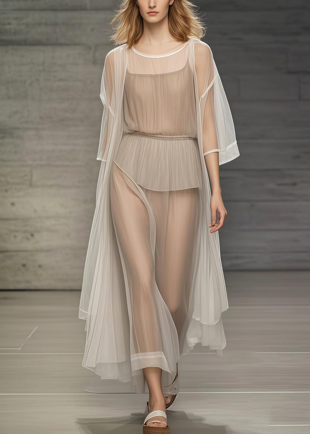 Fashion Khaki Oversized Sheer Tulle Beach Two Pieces Set Summer