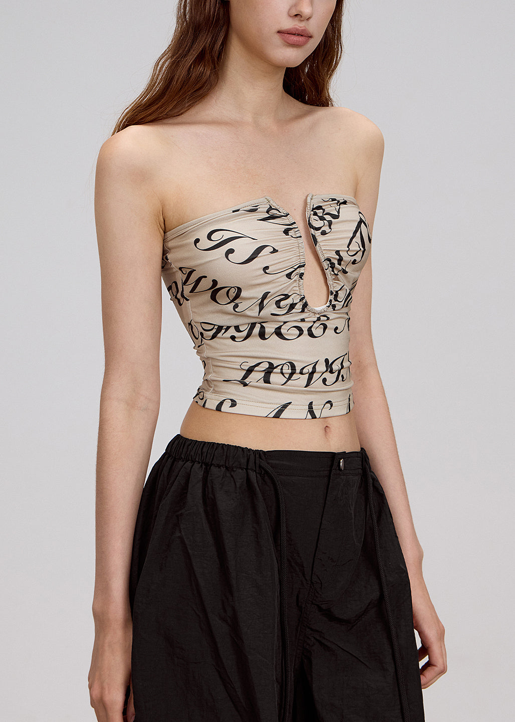 Fashion Khaki Print Hollow Out Cotton Strapless Top Summer