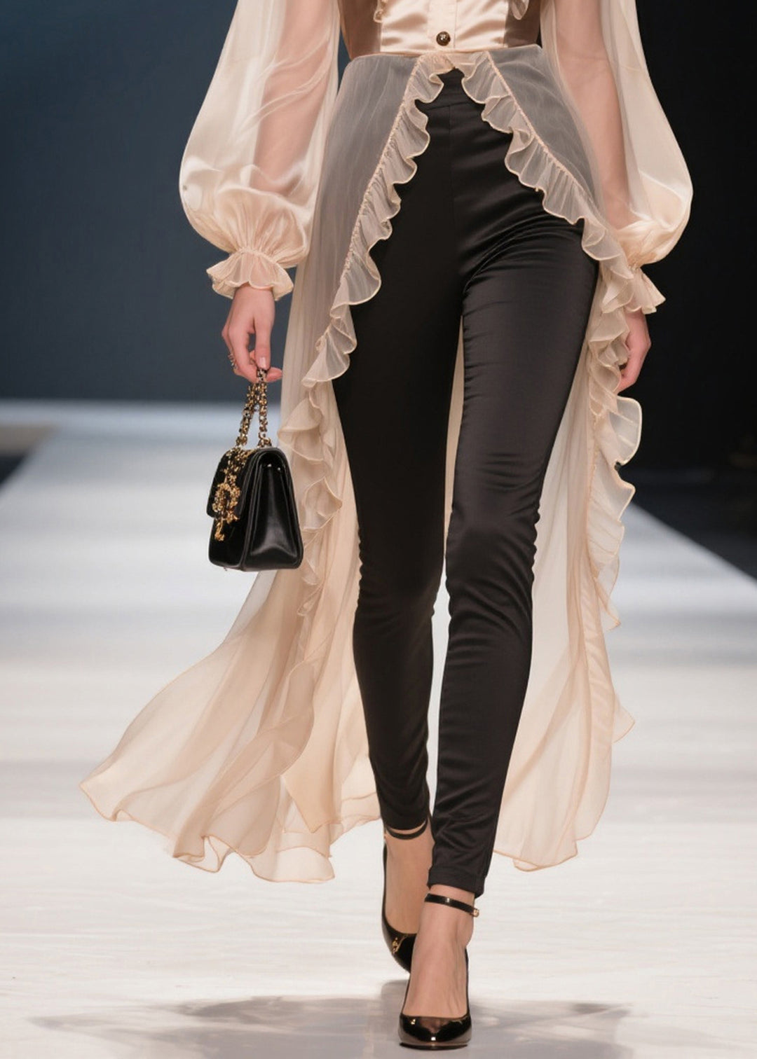 Fashion Khaki Ruffled Patchwork Low High Design Chiffon Shirt Summer