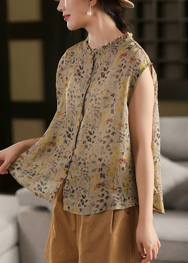 Fashion Khaki Ruffled Print Linen Blouses Sleeveless