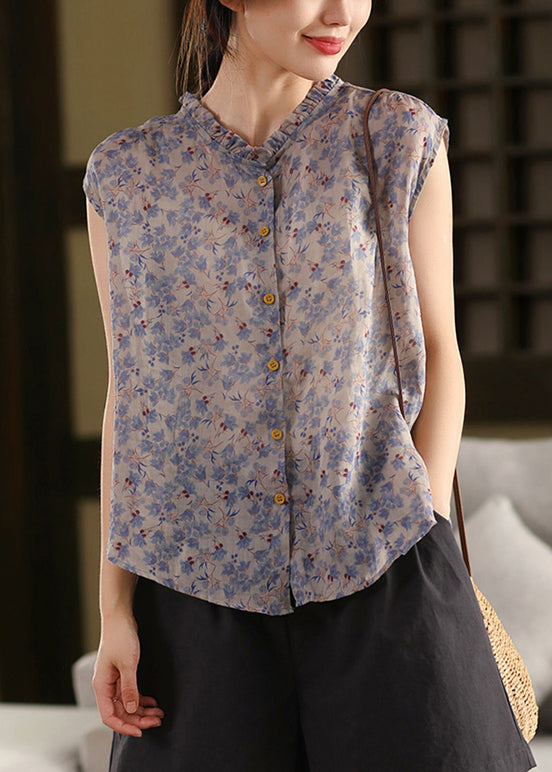 Fashion Khaki Ruffled Print Linen Blouses Sleeveless