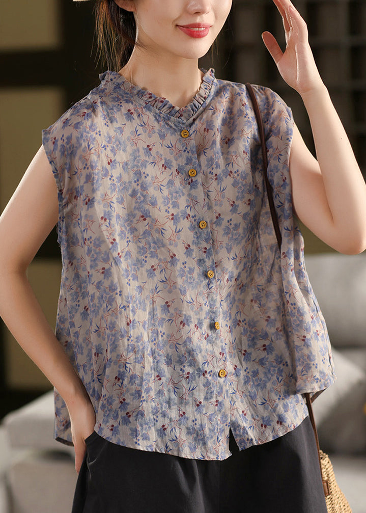 Fashion Khaki Ruffled Print Linen Blouses Sleeveless