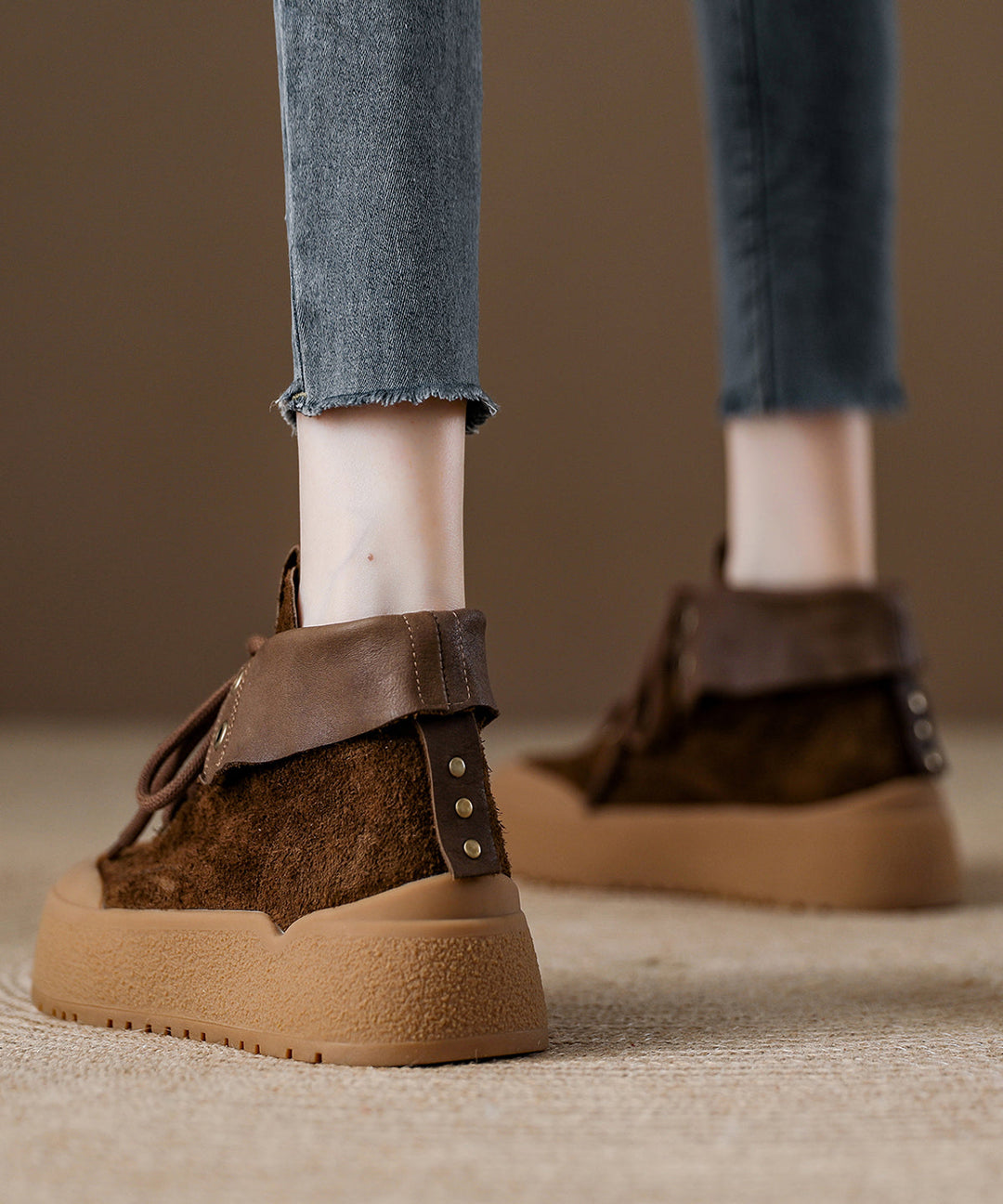 Fashion Khaki Suede Lace Up Splicing Boots