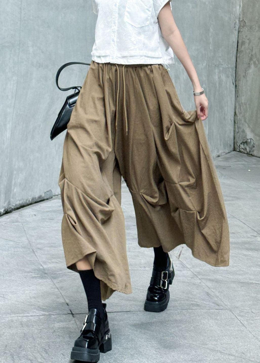 Fashion Khaki Wrinkled Patchwork Elastic Waist Cotton Skirt Summer