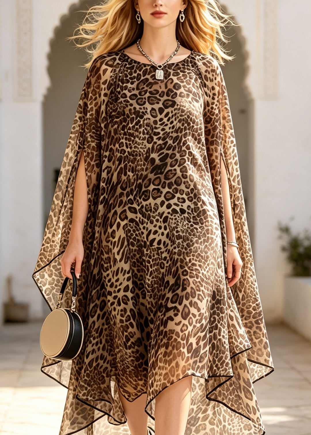 Fashion Leopard O Neck Asymmetrical Design Chiffon Dress Set Summer