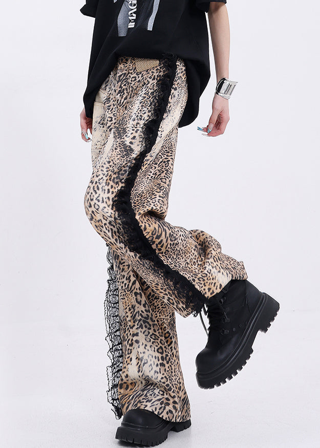 Fashion Leopard Pockets Lace Patchwork Denim Wide Leg Pants Fall