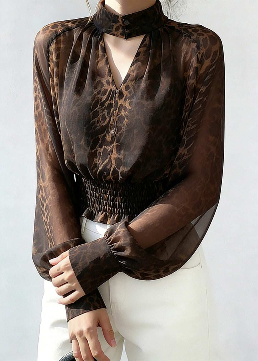Fashion Leopard Turtleneck Hollow Out Chiffon Shirts Spring