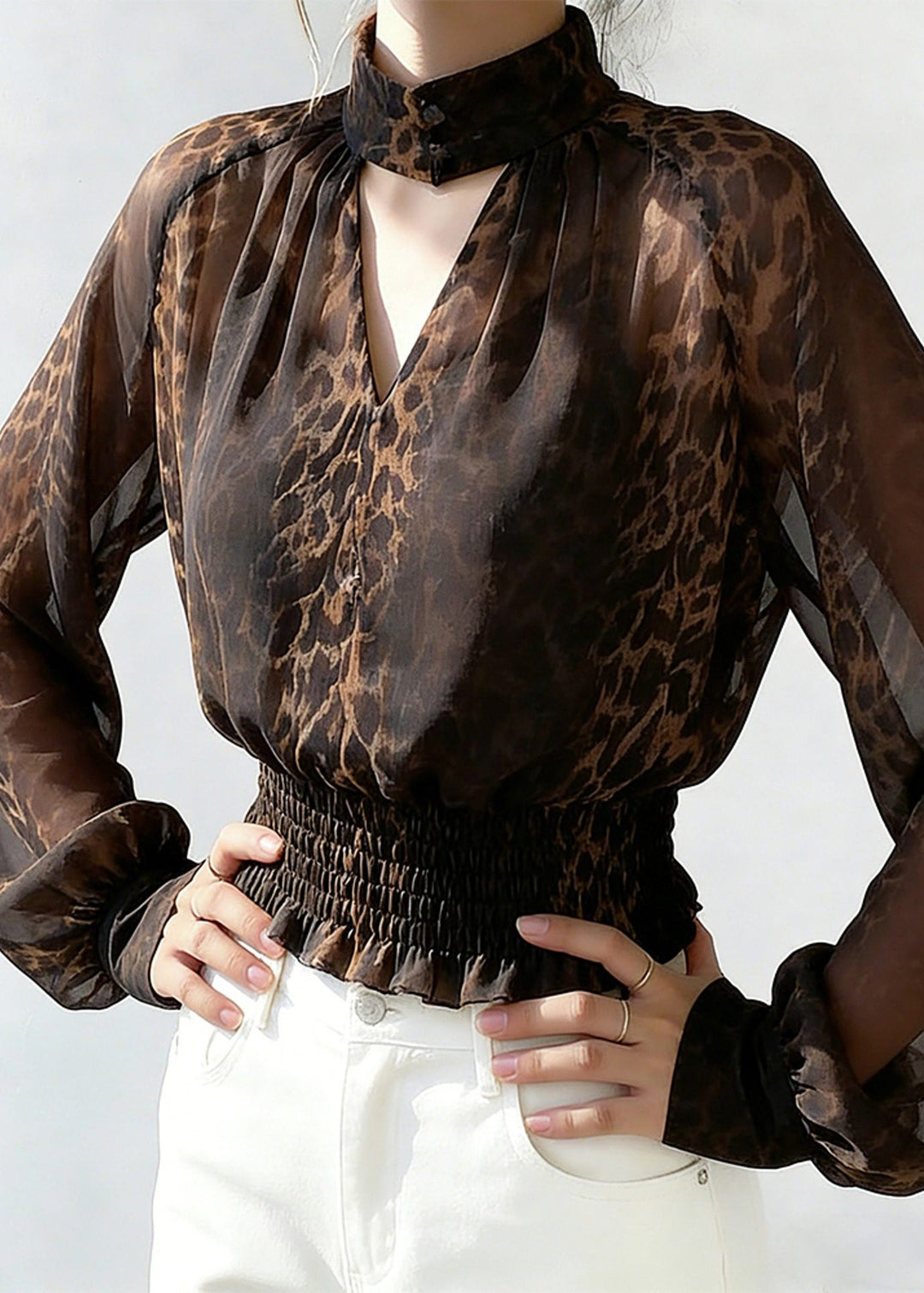 Fashion Leopard Turtleneck Hollow Out Chiffon Shirts Spring
