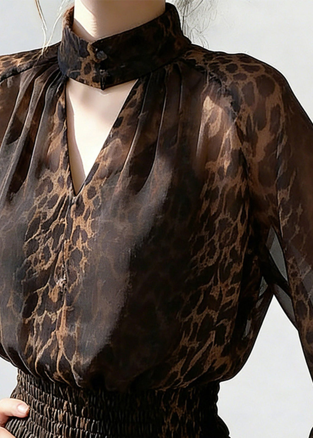 Fashion Leopard Turtleneck Hollow Out Chiffon Shirts Spring
