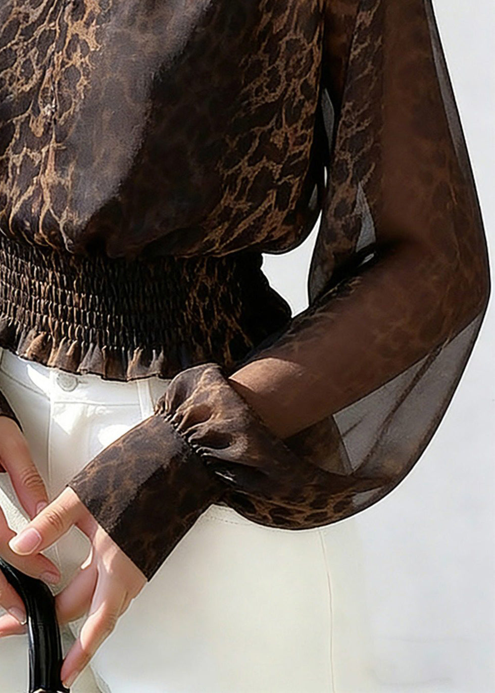 Fashion Leopard Turtleneck Hollow Out Chiffon Shirts Spring