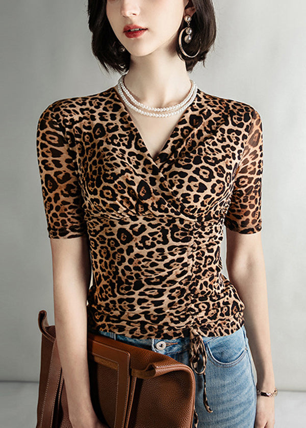 Fashion Leopard V Neck Cinched Tulle Tops Summer