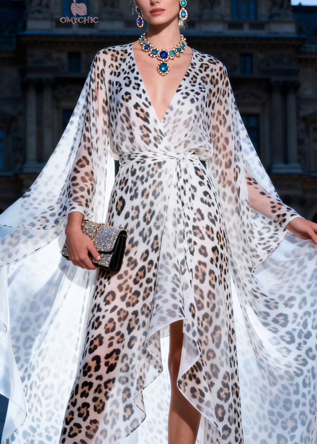 Fashion Leopard V Neck Print Low High Design Chiffon Dress Summer