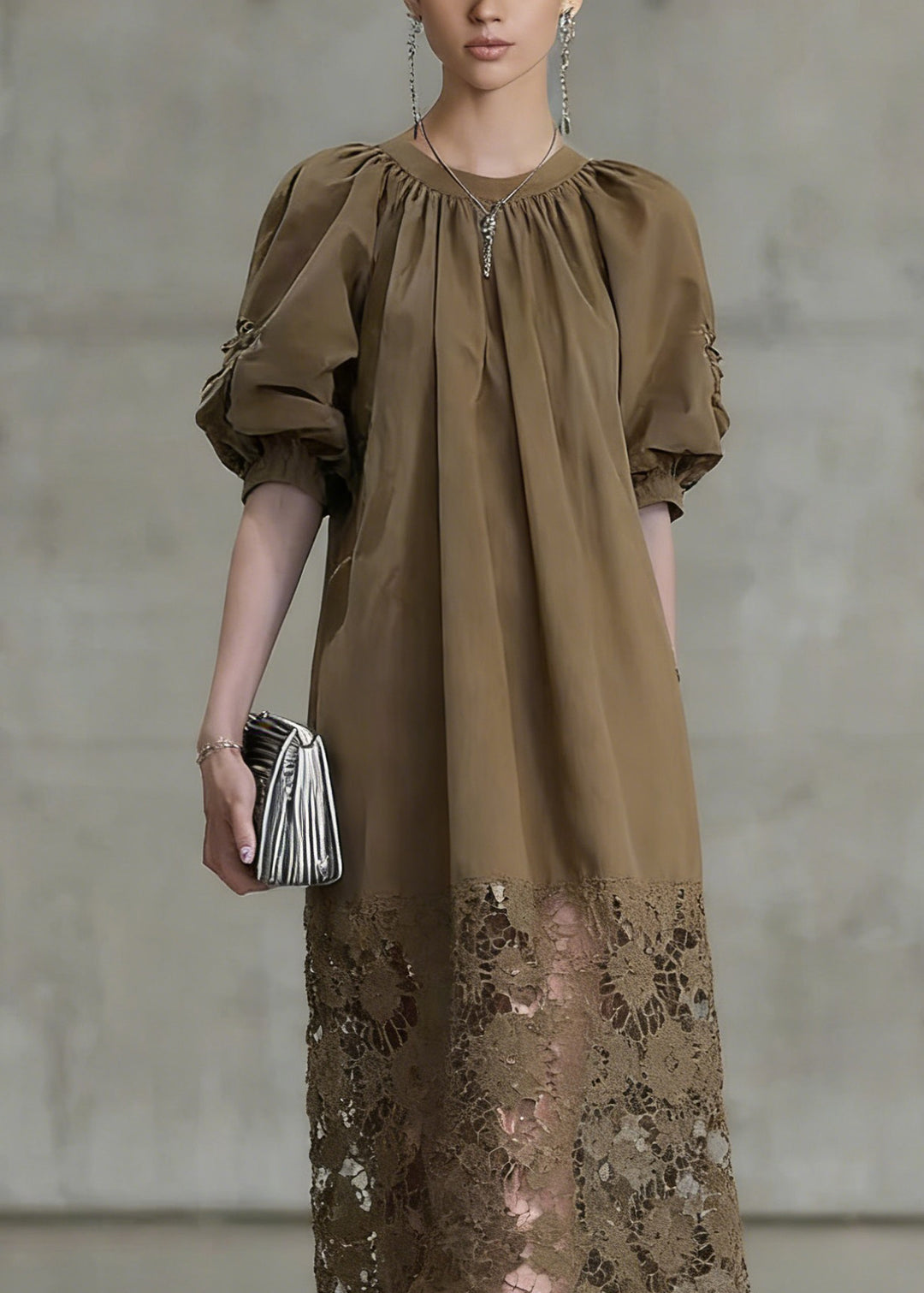 Fashion Light Coffee Puff Sleeve Lace Patchwork Cotton Long Dress