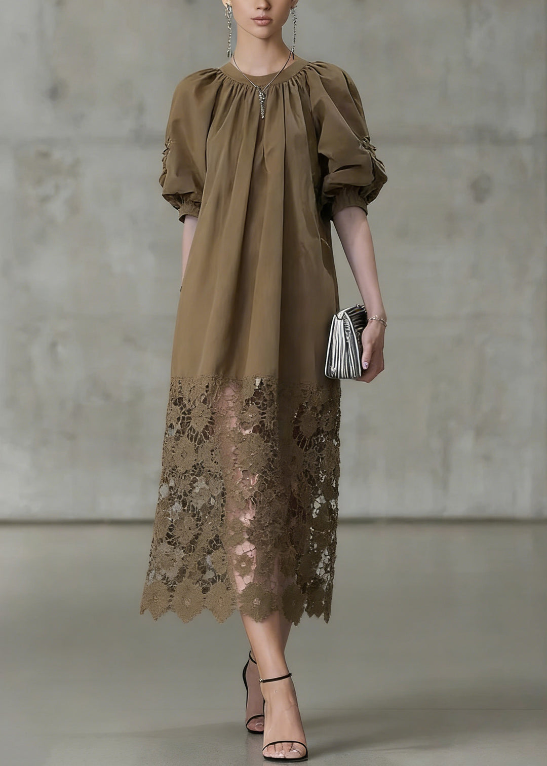 Fashion Light Coffee Puff Sleeve Lace Patchwork Cotton Long Dress