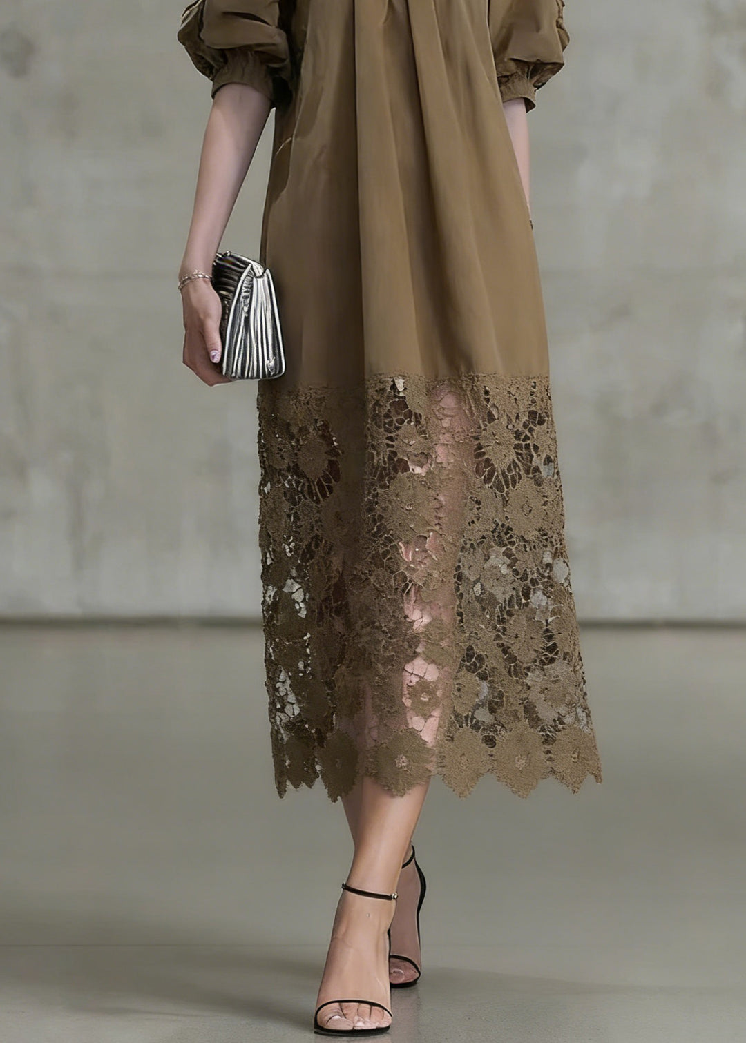 Fashion Light Coffee Puff Sleeve Lace Patchwork Cotton Long Dress