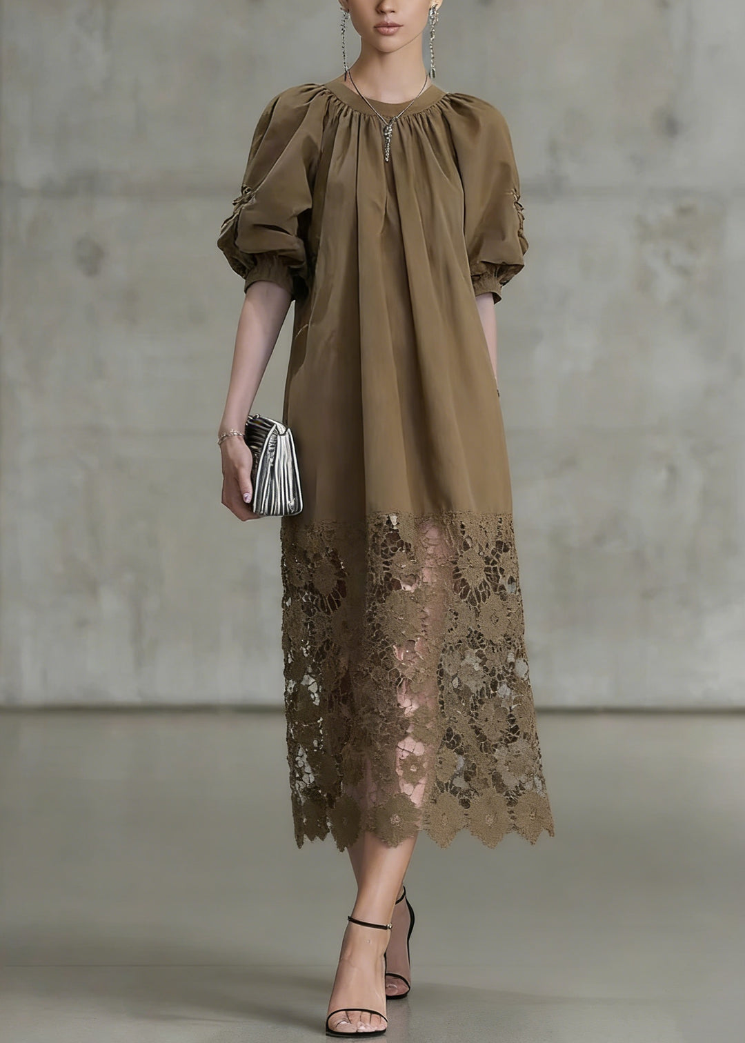 Fashion Light Coffee Puff Sleeve Lace Patchwork Cotton Long Dress