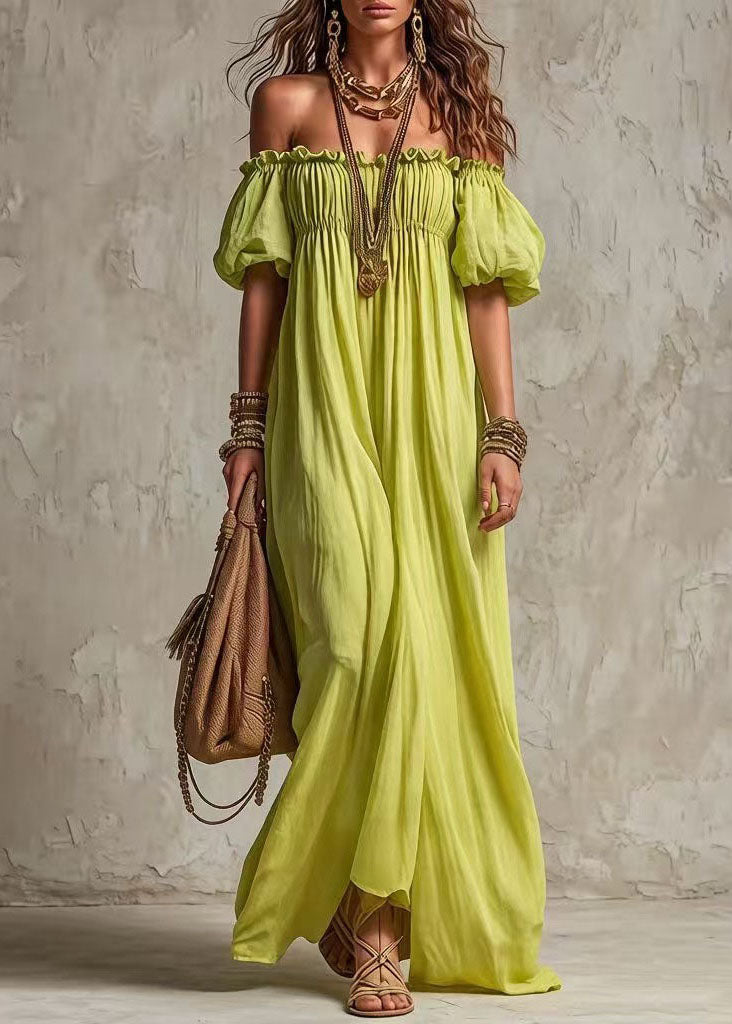 Fashion Light Green Slash Neck Ruffled Patchwork Cotton Dress Summer