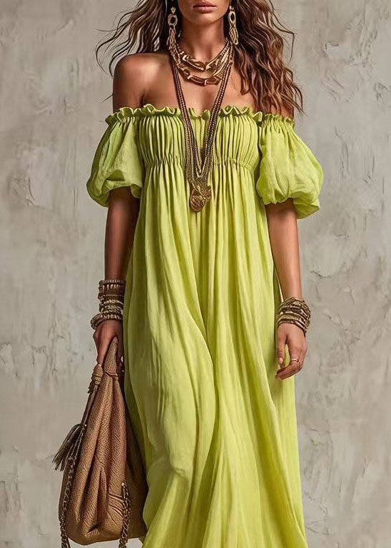 Fashion Light Green Slash Neck Ruffled Patchwork Cotton Dress Summer