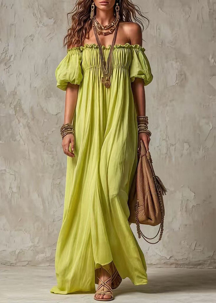 Fashion Light Green Slash Neck Ruffled Patchwork Cotton Dress Summer
