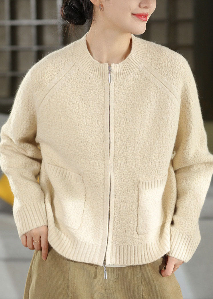Fashion Light Grey Zippered Pockets Solid Cotton Knit Cardigan Winter