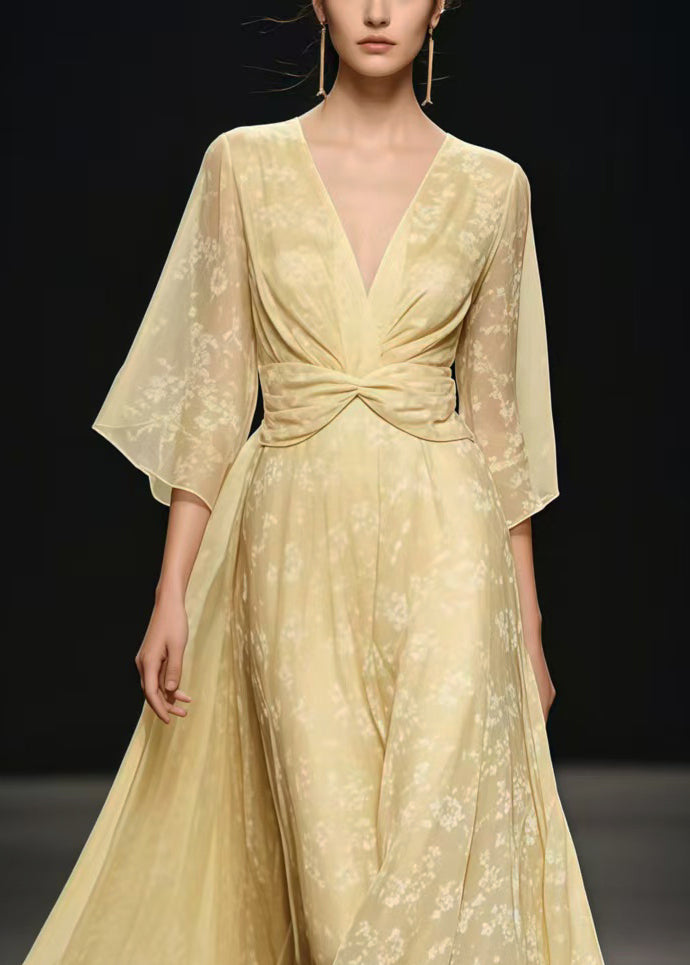 Fashion Light Yellow Cinched Exra Large Hem Chiffon Long Dress Summer