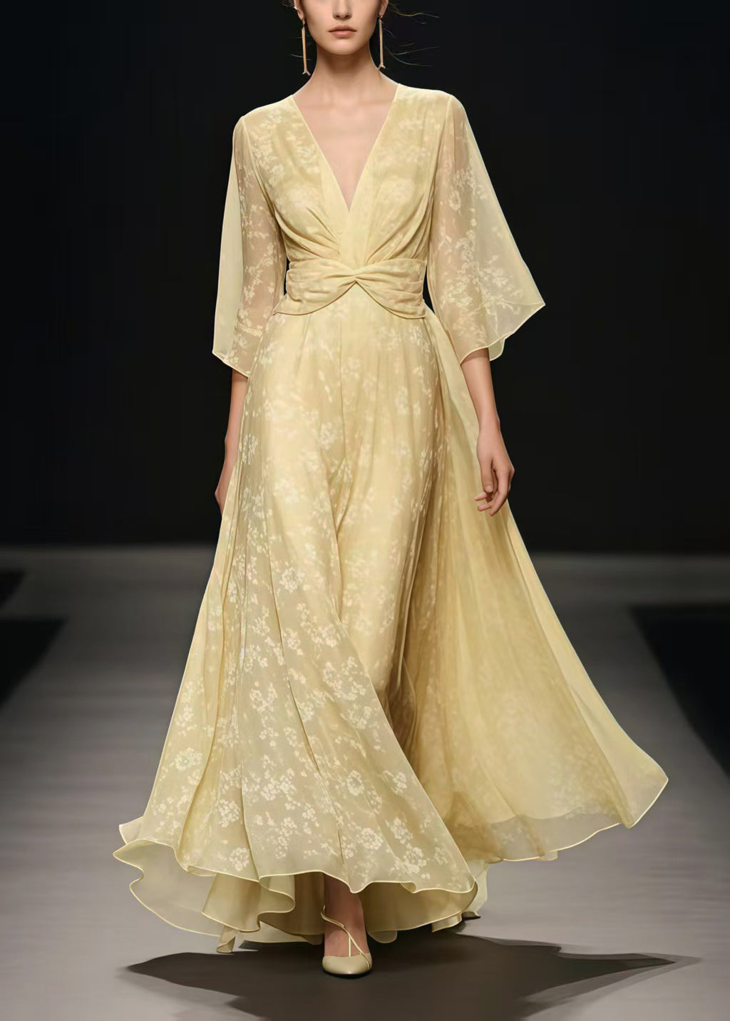 Fashion Light Yellow Cinched Exra Large Hem Chiffon Long Dress Summer